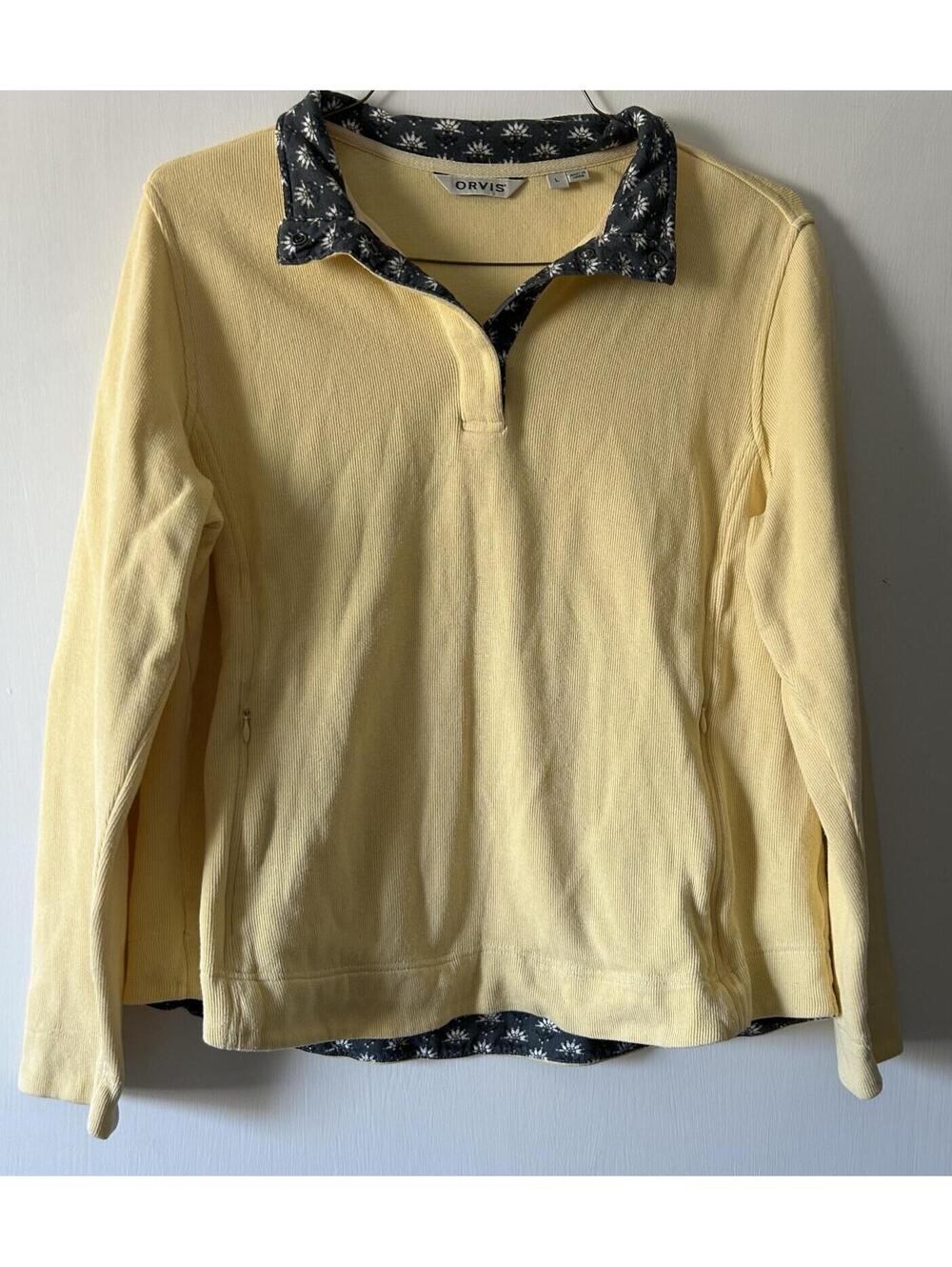 Orvis L yellow ribbed knit pullover sweatshirt button down, zip pockets women